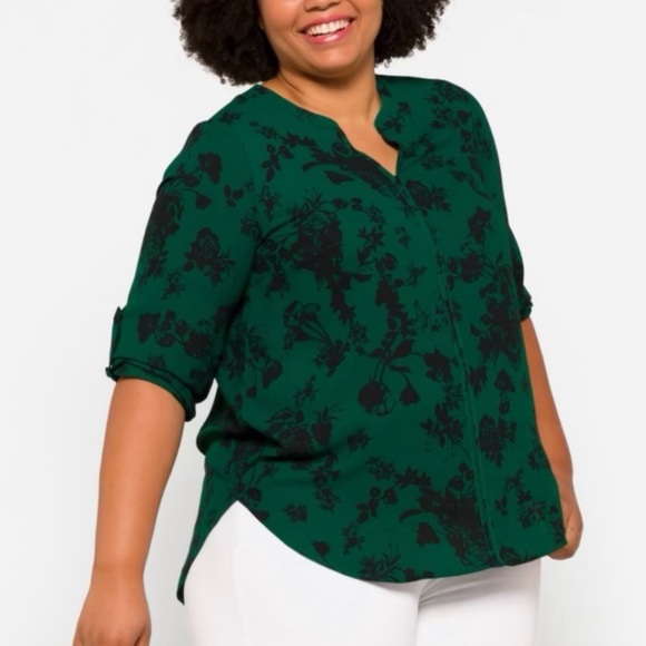 41 Hawthorne Karie Split Neck Blouse Green Black Floral 3/4 Sleeve Top Size 1X - Picture 8 of 12